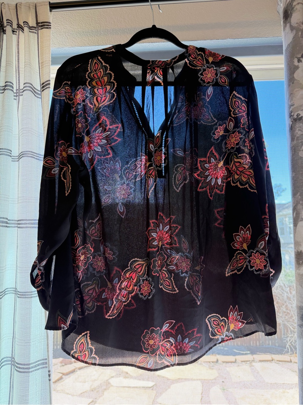 Black Sheer Floral Blouse with Pink and Red Accents